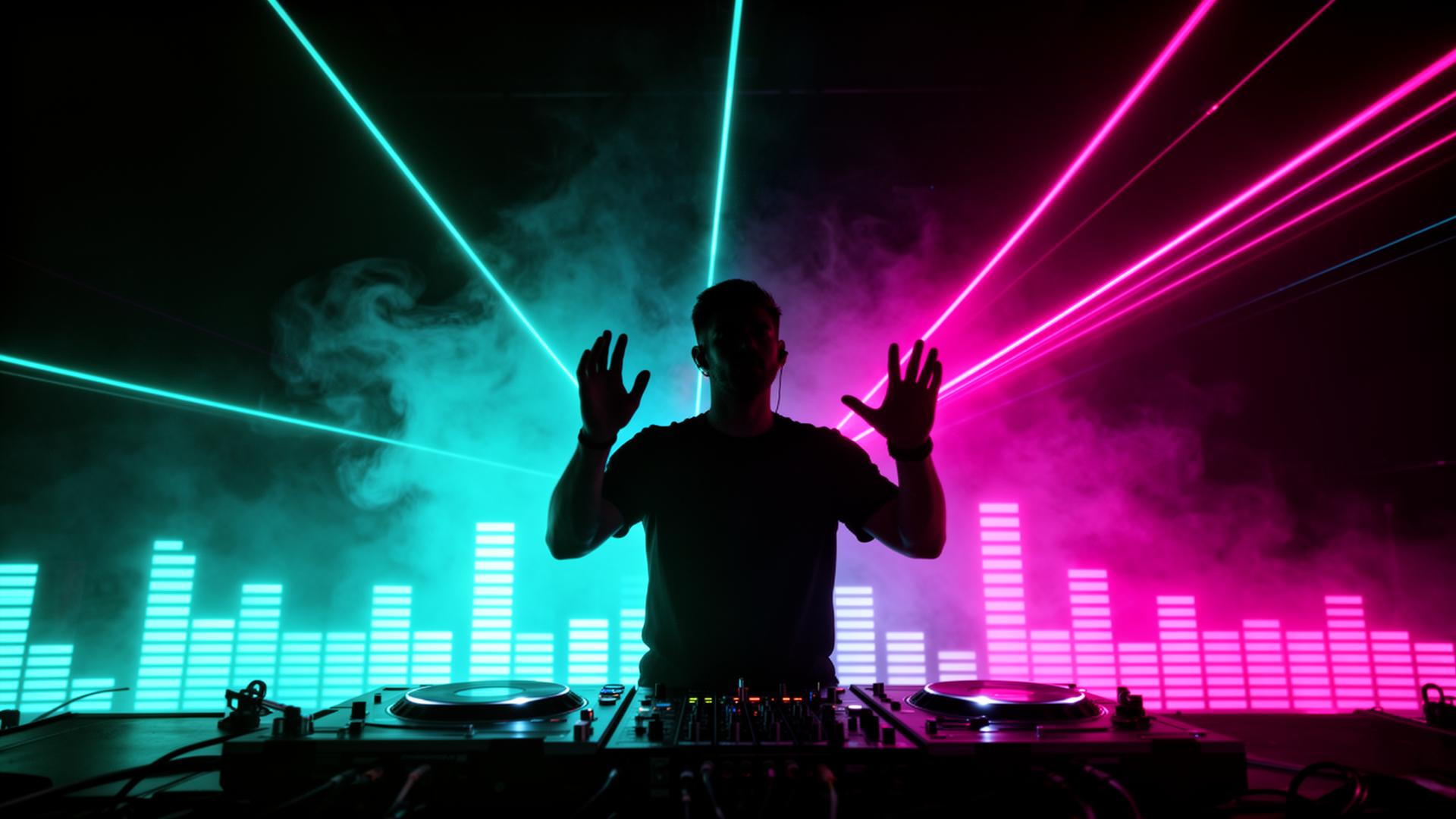 DJ Matus performing live with neon laser lights